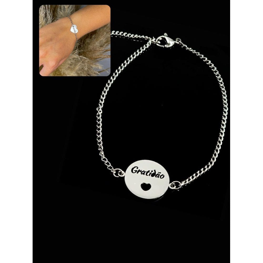 Pulseira Feminina Delicada Prata Gratidão Minimalista Aço