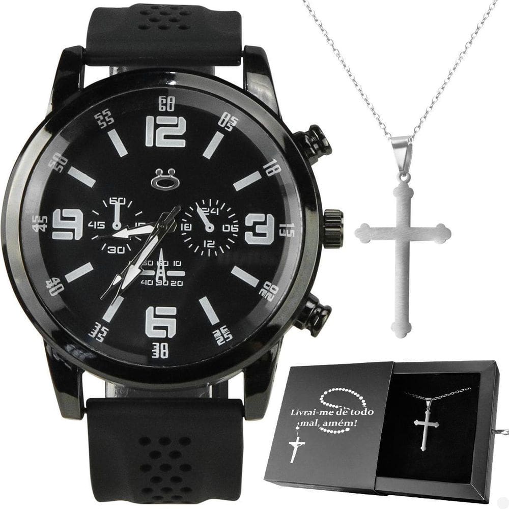 Relogio Masculino Aço Preto + Colar Crucifixo + Caixa Black