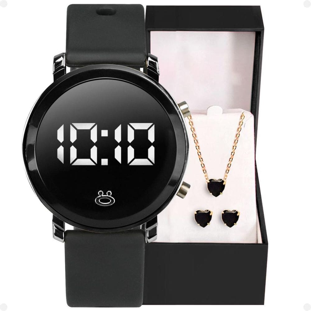 Relogio Feminino Digital Preto + Colar Social Qualidade