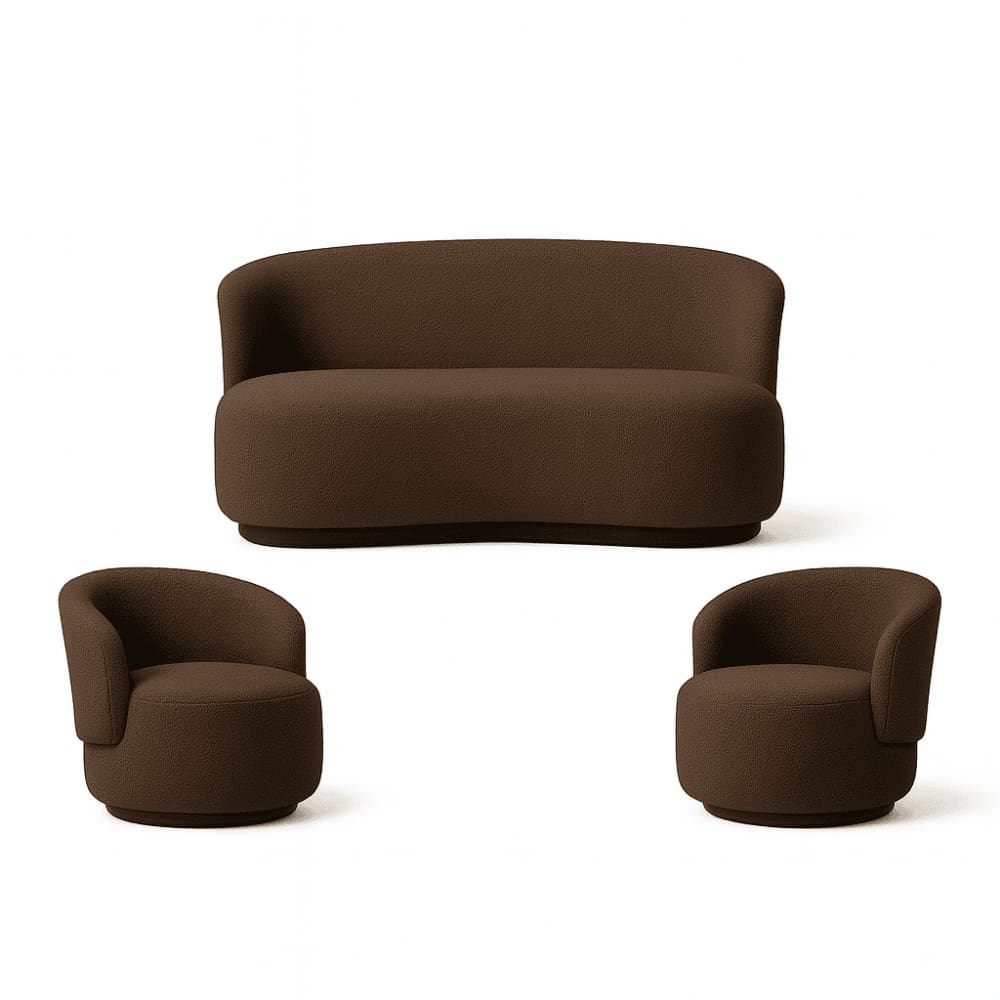 Kit 02 Poltronas + Namoradeira Decorativa Sala Estar Orgânica Beatriz Boucle Marrom - Montanaris Decor