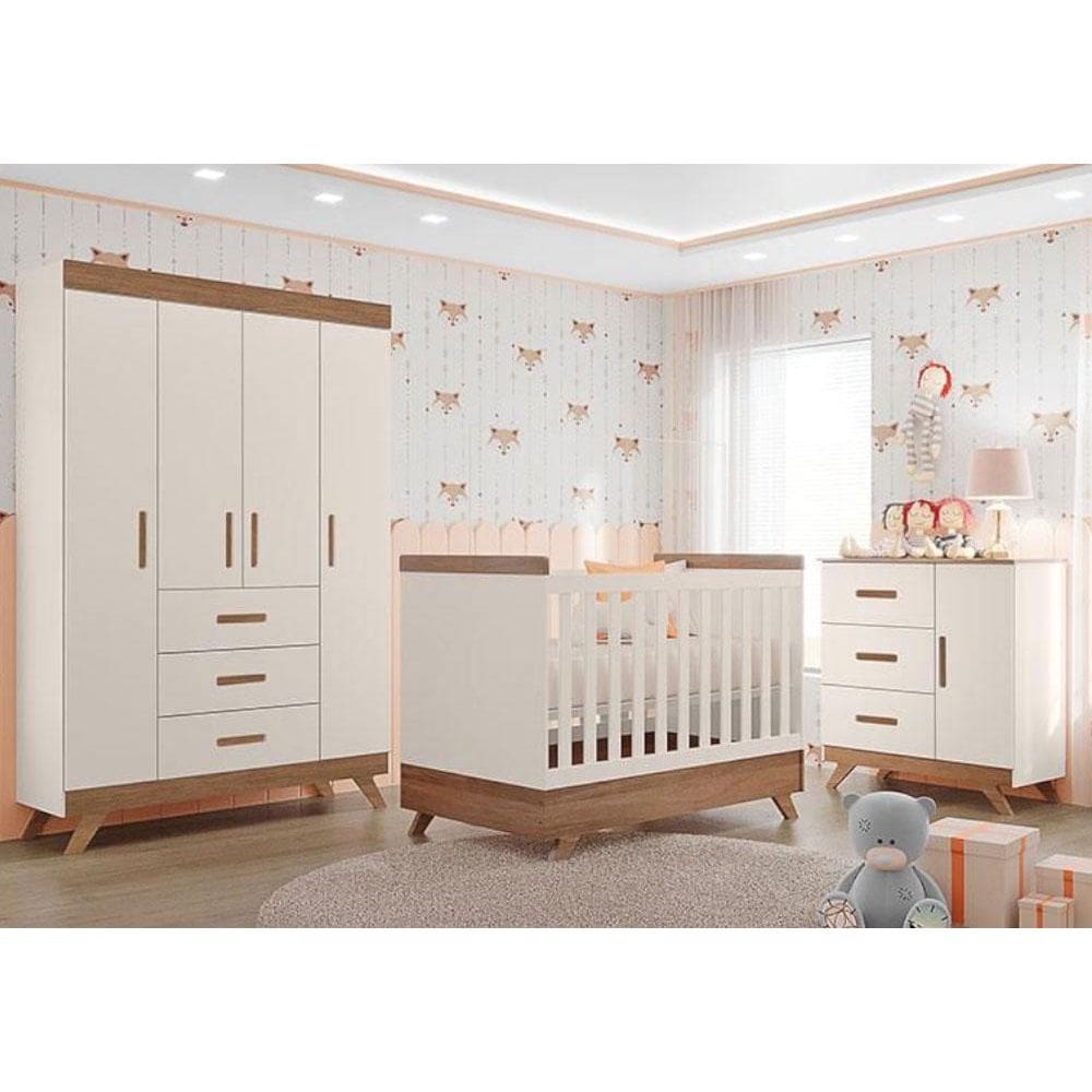 Quarto de Bebê Retrô Maya com Berço Americano Vitória Off White Carvalho com Colchão Gazin - Carolina