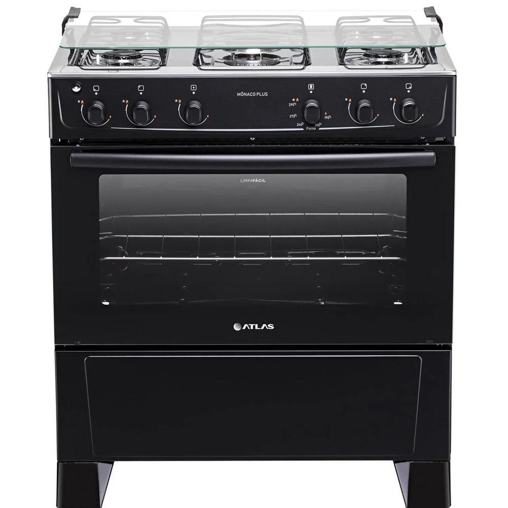 Fogão  5 Bocas Atlas Mônaco Plus Preto com Mesa Inox  Bivolt
