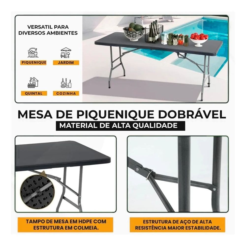 Mesa Retangular Dobrável Multiuso Portátil de Camping 180cm