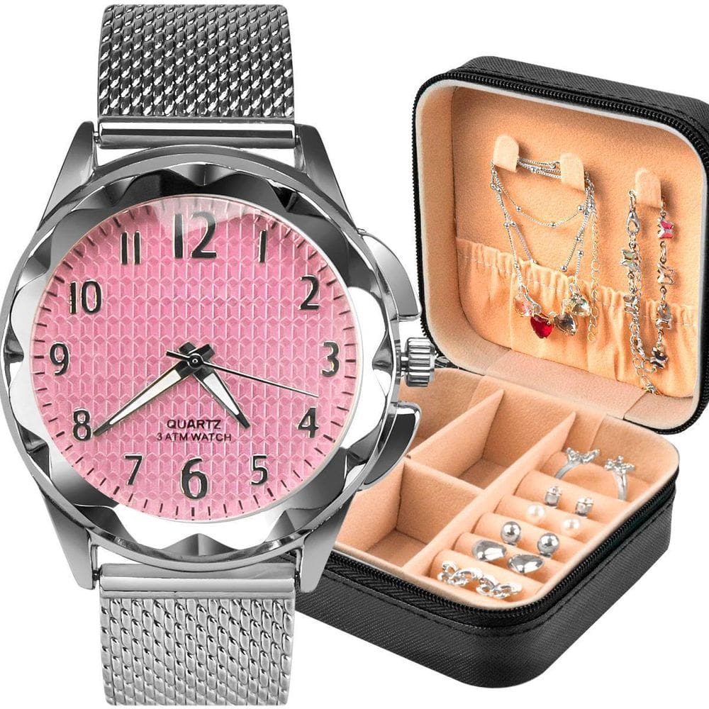 Brincos + Colar + Relogio Feminino Prova Dagua + Pulseira