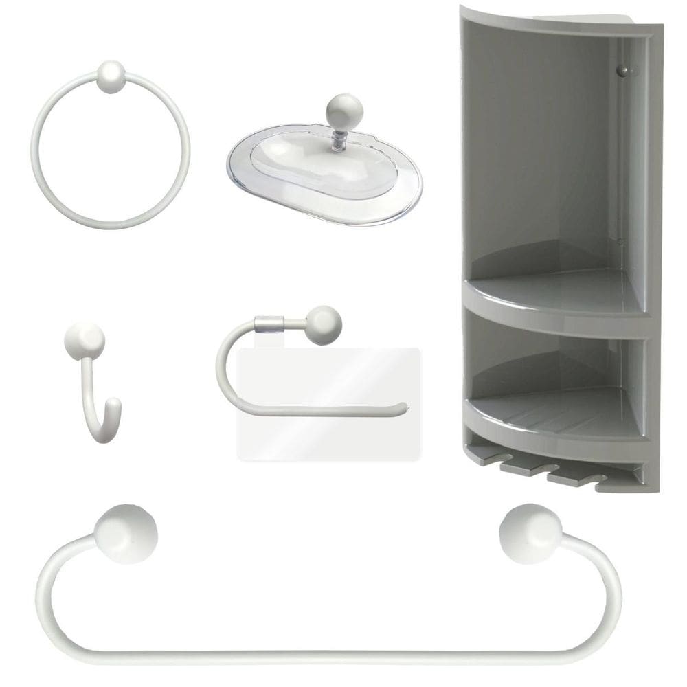 Porta Shampoo Cinza + Kit Para Banheiro 5 Pçs Branco