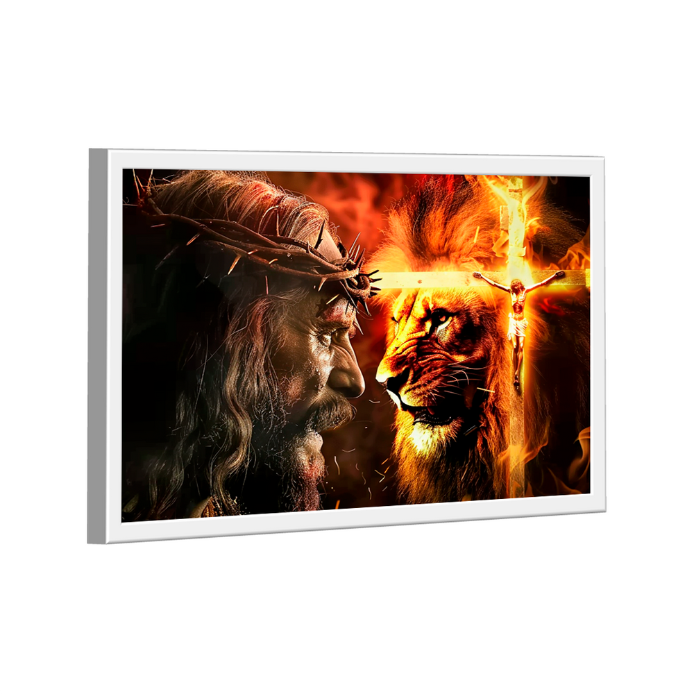 Quadro Decorativo Leão de Judá Cruz e Fogo
