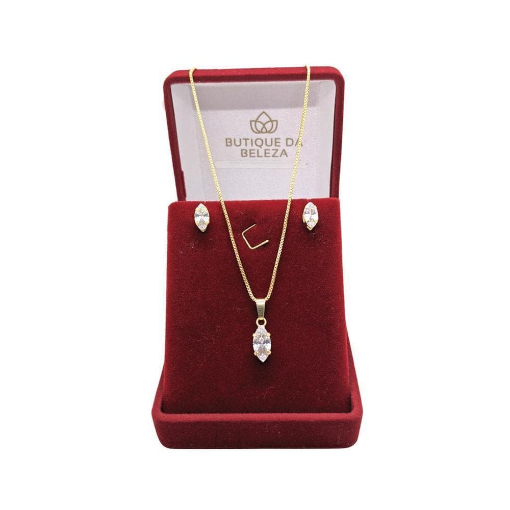 Gargantilha Folheada A Ouro Veneza 40Cm E Brinco Solitário