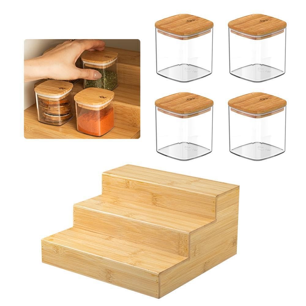 Kit Organizador Multinível Com 4 Potes Herméticos Em Bambu