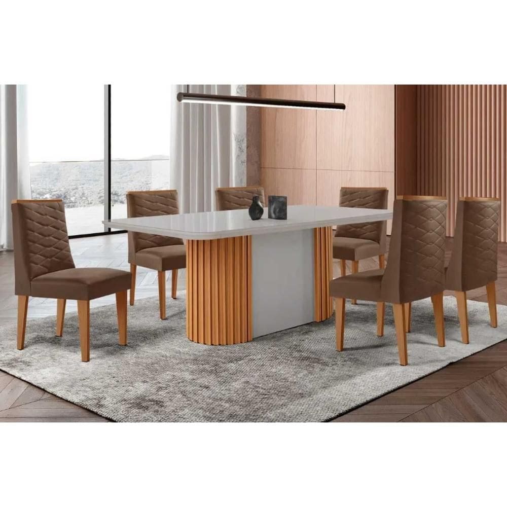 Conjunto Sala de Jantar Pilar c/ Tampo Madeirado c/ Vidro Canto Curvo 180x90cm e 6 Cadeiras Dafne Madeira Maciça Naturale/Off White - Capuccino/Suede