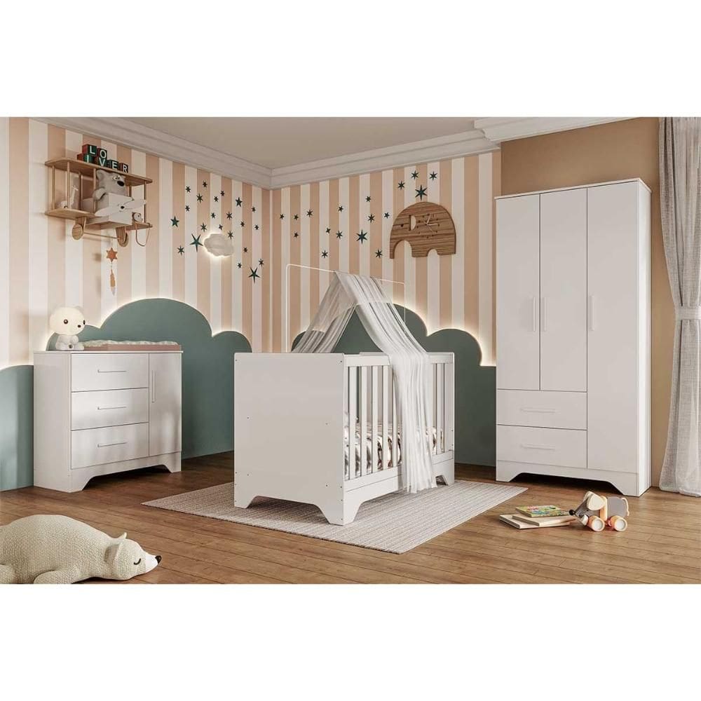 Quarto Infantil Completo Popy 3 Peças (1GuardaRoupa+1Berço+1Cômoda) QI109 Branco - Peroba