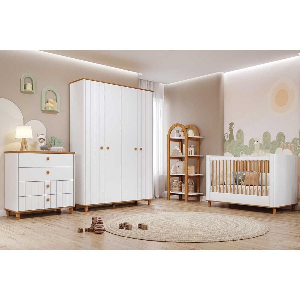 Quarto Infantil Completo Cupcake 4 Peças (Guarda Roupa+Cômoda+Berço+Estante) QI103 Branco/Nature - Permóbili Baby