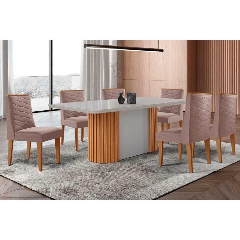Conjunto Sala de Jantar Pilar c/ Tampo Madeirado c/ Vidro Canto Curvo 180x90cm e 6 Cadeiras Dafne Madeira Maciça Naturale/Off White - Capuccino/Linho