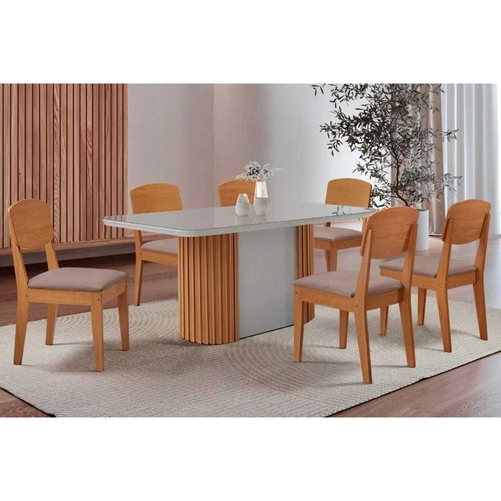 Sala de Jantar Completa Pilar c/ Tampo Madeirado c/ Vidro Canto Curvo 180x90cm e 6 Cadeiras Havana Naturale/Off White - Linho Capuccino - Rufato
