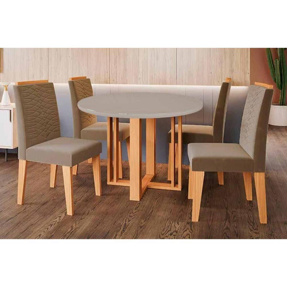 Sala de Jantar Completa Flora Tampo Madeirado c/ Vidro 109cm e 4 Cadeiras Clarice Cinamomo/Off White - Carvalho/Suede Joli Capuccino - Cimol