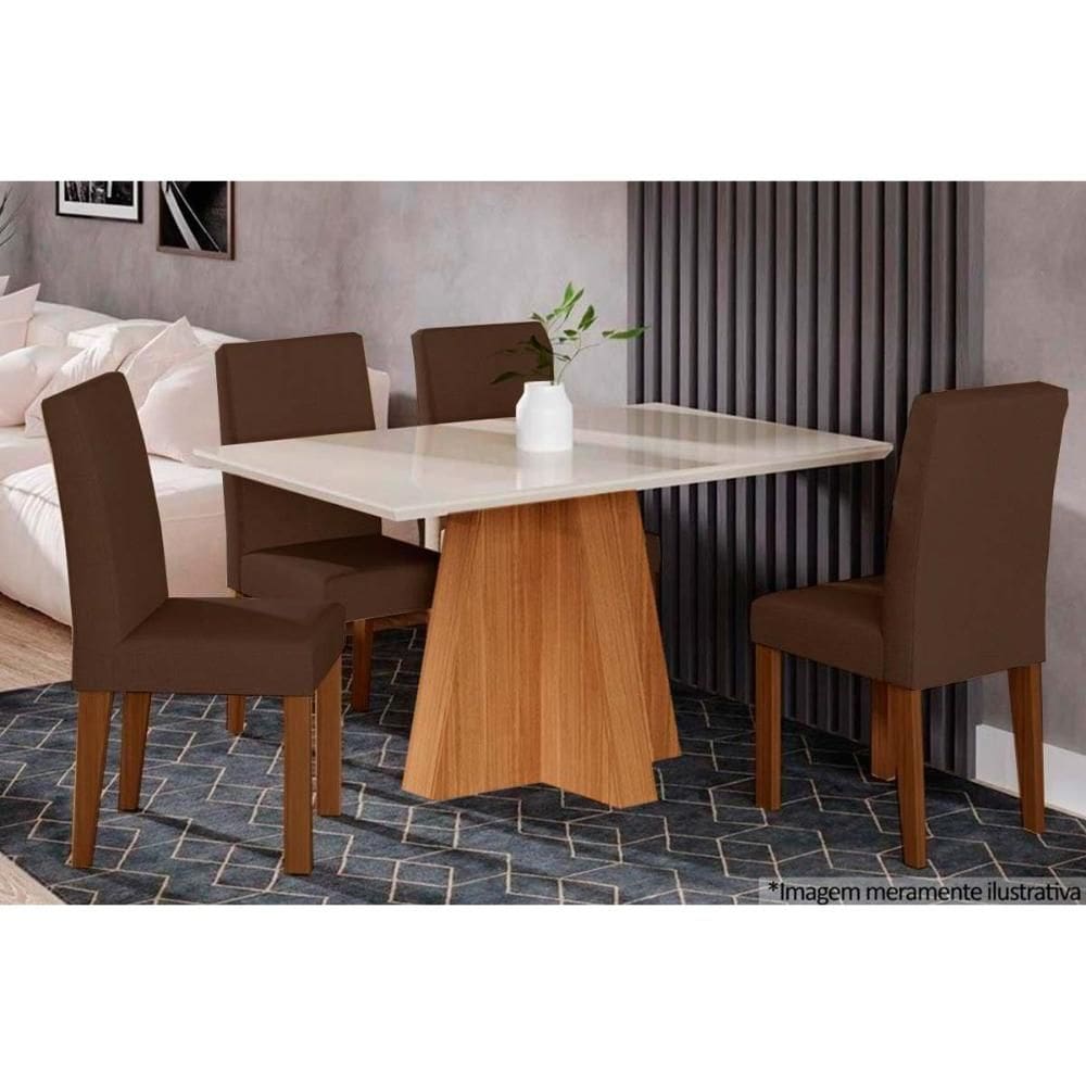 Sala de Jantar Completa Patricia c/ Tampo Madeirado c/ Vidro 130x80cm e 4 Cadeiras Milena Nature/Suede Joli Chocolate - Cimol