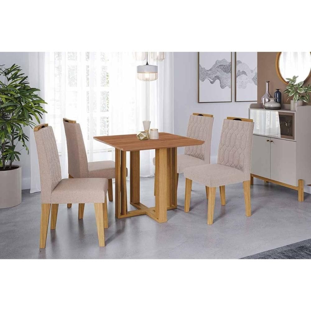 Sala de Jantar Completa Flora Tampo Madeirado 95x95cm e 4 Cadeiras Paola Cinamomo - Carvalho/Suede Nude Bege - Cimol