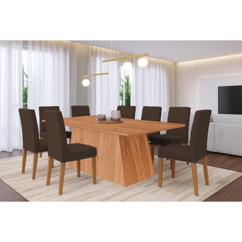 Sala de Jantar Completa Helena Tampo Madeirado 210x100cm e 8 Cadeiras Maia Cinamomo - Nature/Suede Mascavo Chocolate - Cimol