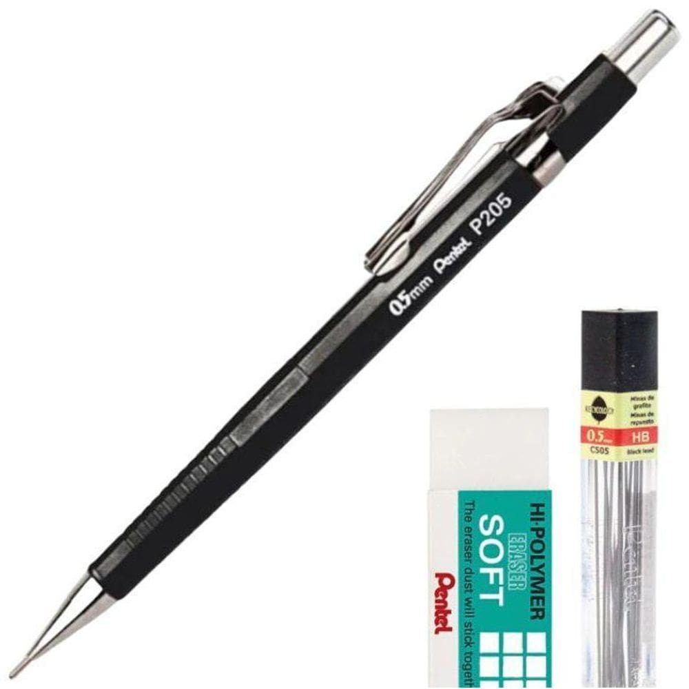 Kit Lapiseira Pentel P205 0.5 Mm Grafite Hb 0.5Mm E Borracha