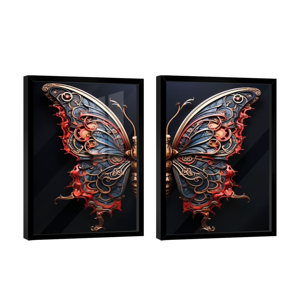 Quadro Decorativo Duo Borboleta Azul Vermelha