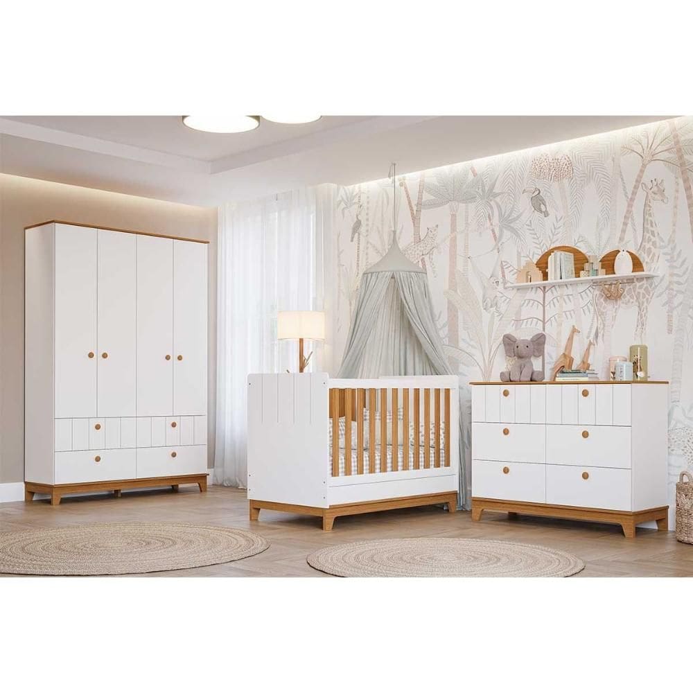 Quarto Infantil Completo Biscoito 3 Peças (Guarda Roupa+Berço+Cômoda) QI106 Branco/Nature - Permóbili Baby