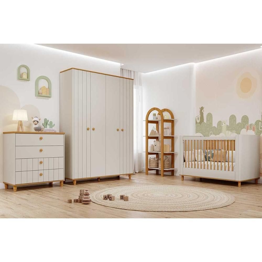 Quarto Infantil Completo Cupcake 4 Peças (Guarda Roupa+Cômoda+Berço+Estante) QI103 Off White/Nature - Permóbili Baby