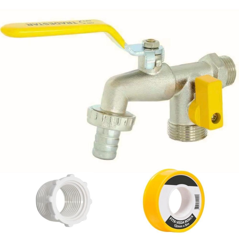 Torneira Com Duas Saídas + Bucha De Redução + Veda Rosca