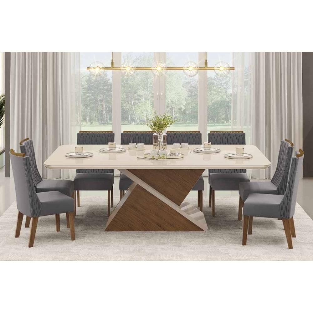 Sala de Jantar Completa Zafira c/ Tampo Madeirado c/ Vidro 200x100cm e 8 Cadeiras Jade Freijo/Off White - Suede Lunar - DJ Móveis