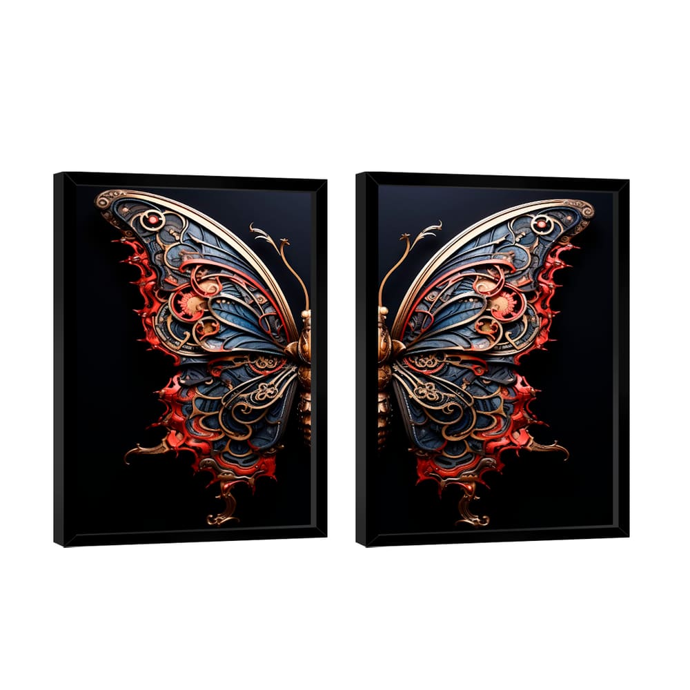 Quadro Decorativo Duo Borboleta Azul Vermelha