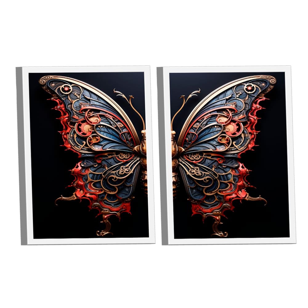 Quadro Decorativo Duo Borboleta Azul Vermelha