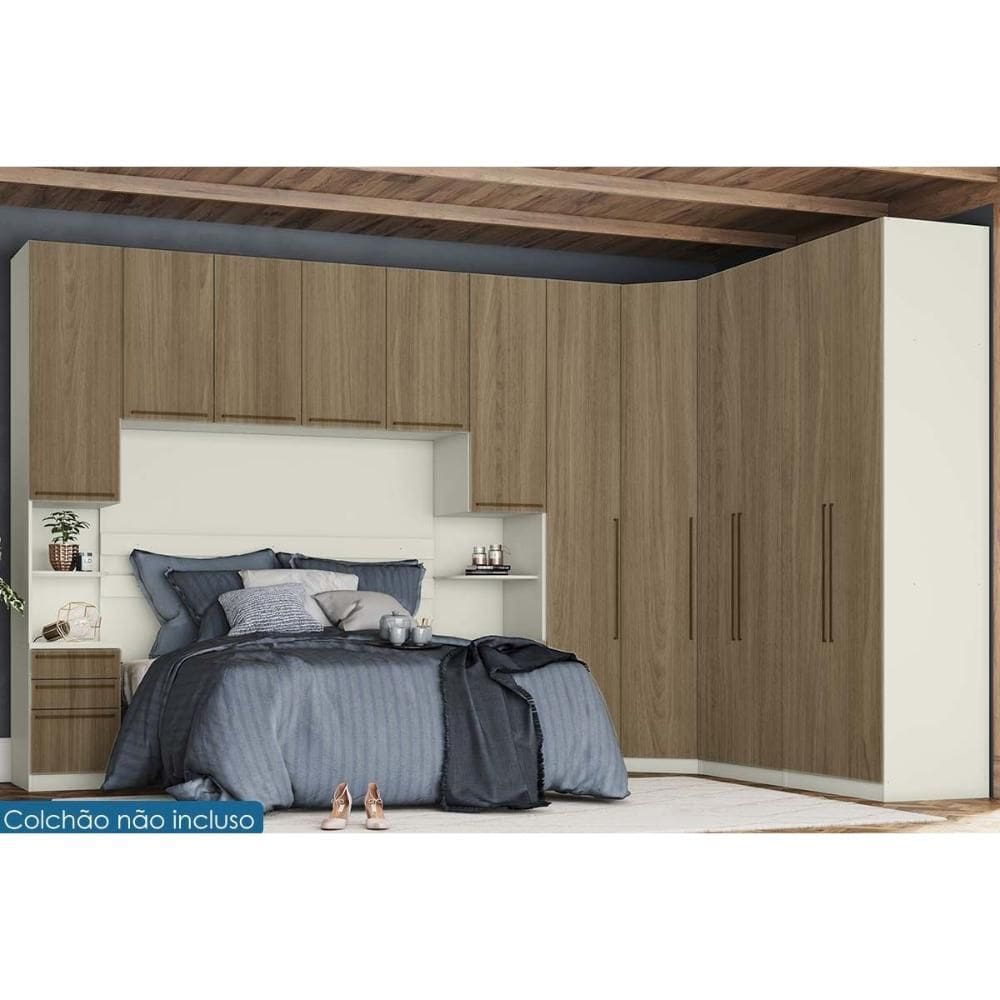 Quarto Casal Modulado Seletto 7 Peças (1 Ponte + 1 Closet de Canto + 1 G Roupa 1Pta + 2 G Roupas 2Ptas + 2 Complemento) QM122 Areia/Jequitibá - Henn