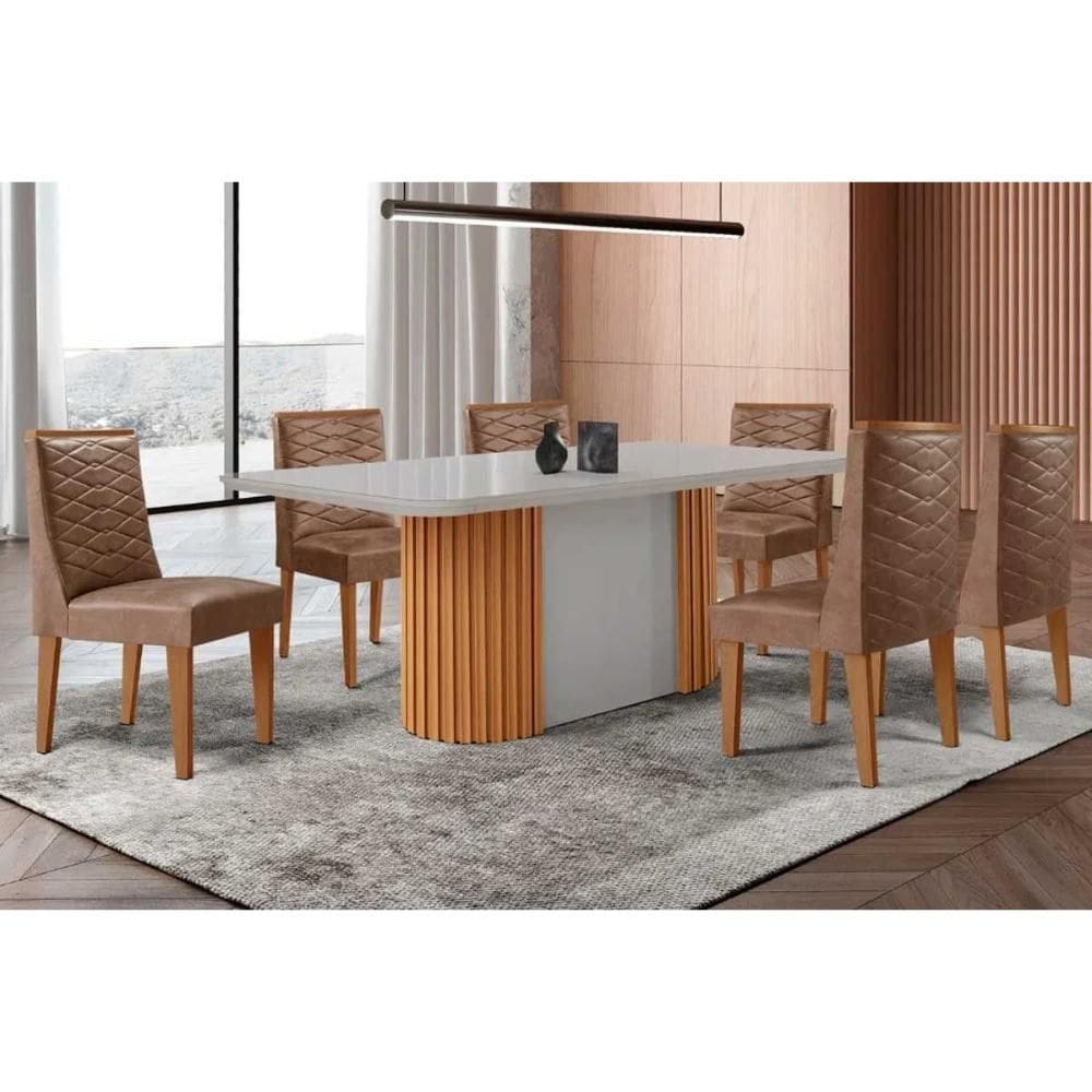 Conjunto Sala de Jantar Pilar c/ Tampo Madeirado c/ Vidro Canto Curvo 180x90cm e 6 Cadeiras Dafne Madeira Maciça Naturale/Off White - Capuccino/Corano