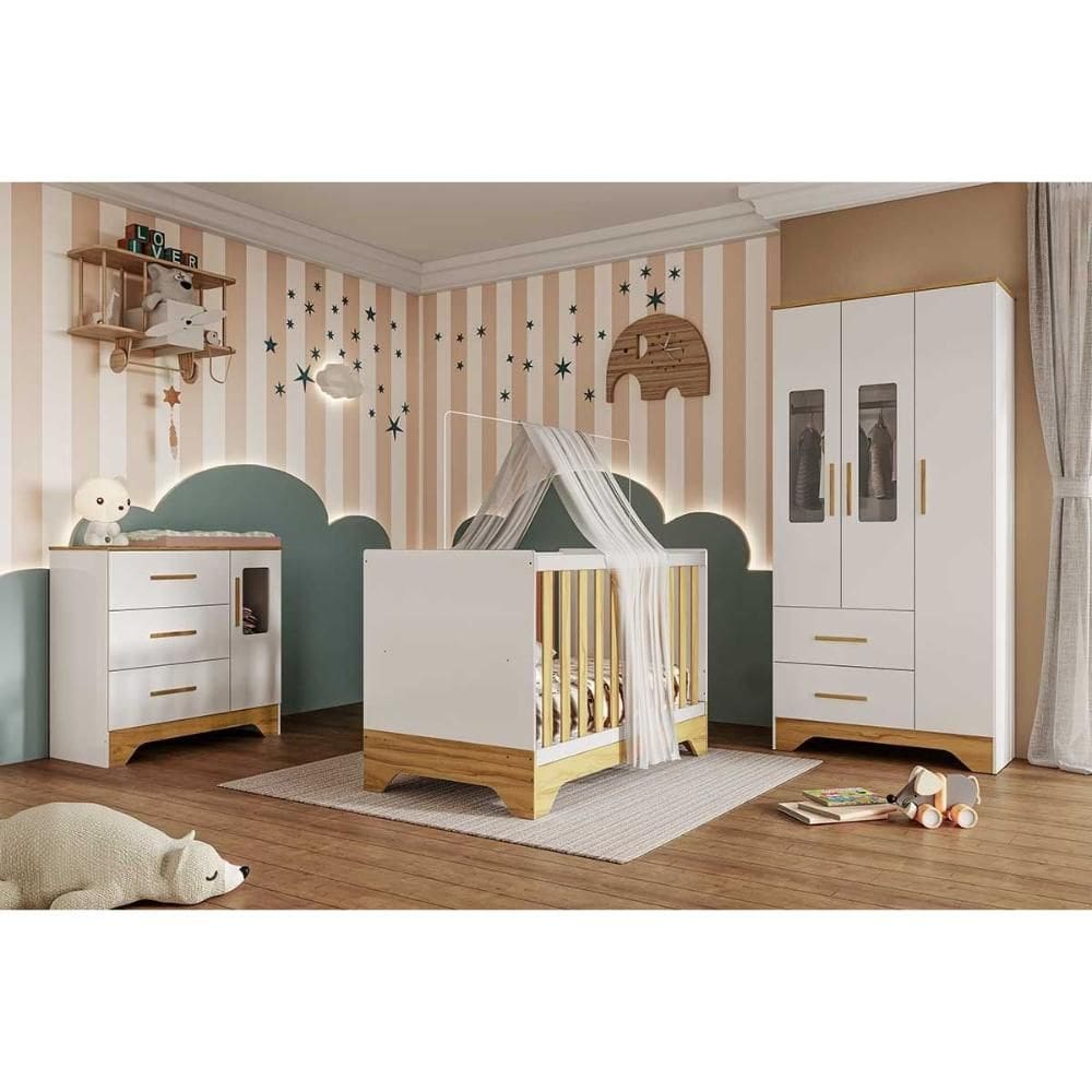 Quarto Infantil Completo Popy 3 Peças (1GuardaRoupa+1Berço+1Cômoda) QI111 Branco/Amendoa - Peroba