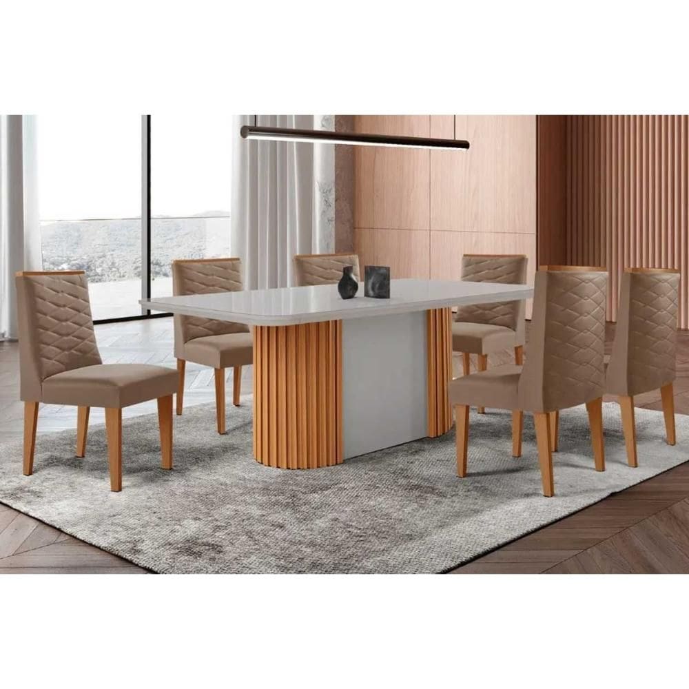 Conjunto Sala de Jantar Pilar c/ Tampo Madeirado c/ Vidro Canto Curvo 180x90cm e 6 Cadeiras Dafne Madeira Maciça Naturale/Off White - Capuccino/Suede