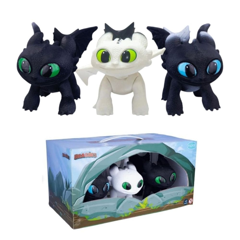 Conjunto com 3 Bonecos Mini Dawn Dusk e Eclipse Dragões Como Treinar o Seu Dragão Miniatura Criança