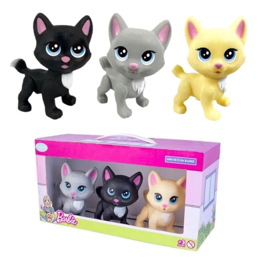 Kit com 3 Bonecos Mini Gata Cinza Preto e Creme Barbie Pupee Brinquedo Criança Diversão Animais