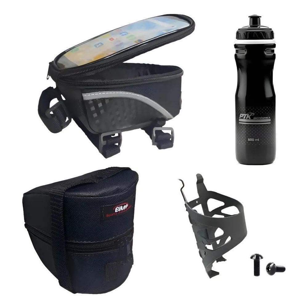 Garrafa Caramanhola +Suporte+Bolsa Selim+Porta Celular Bike