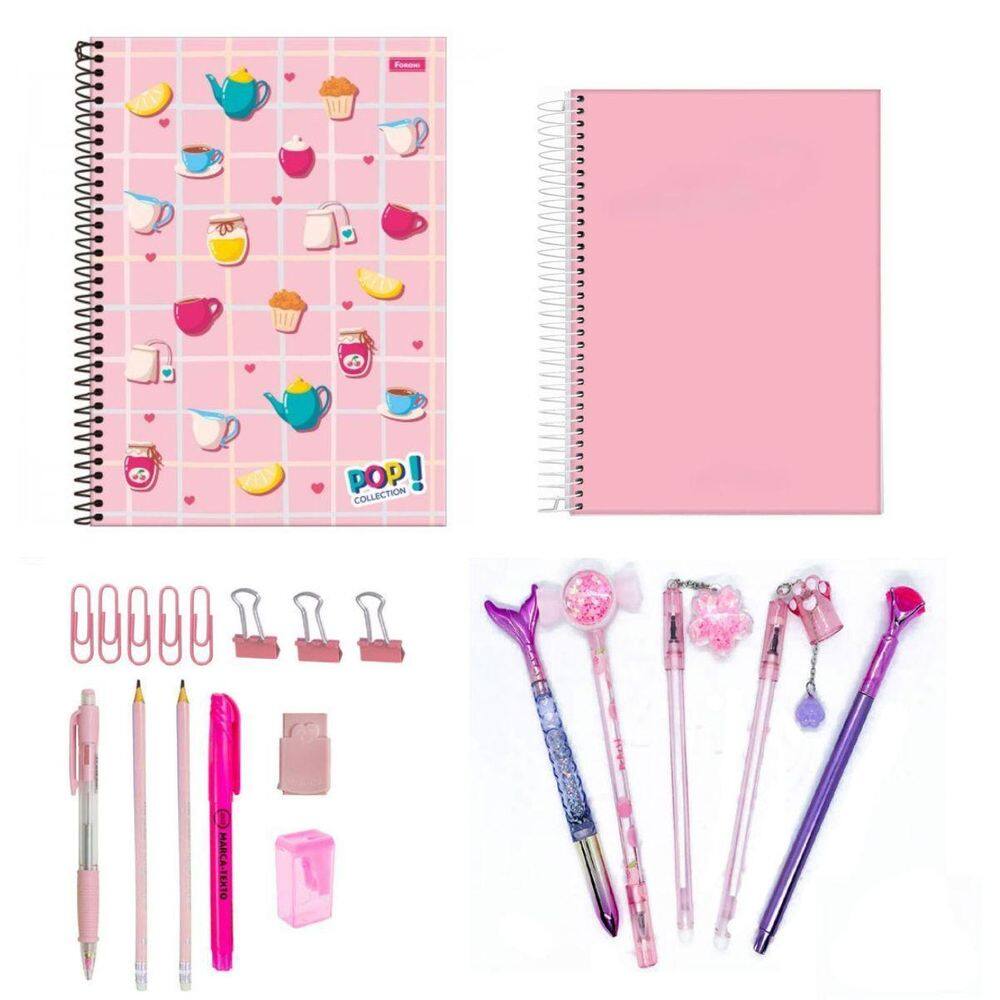 Kit Papelaria Tons Rosa Fofa Kawaii Cor Rosa Escolar Neon