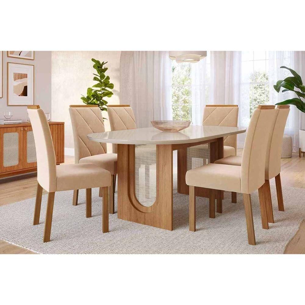 Sala de Jantar Completa Valentina Tampo Madeirado Oval c/ Vidro 210x100cm e 6 Cadeiras Fernanda Cinamomo/Off White - Carvalho/Suede Nude Bege - Cimol