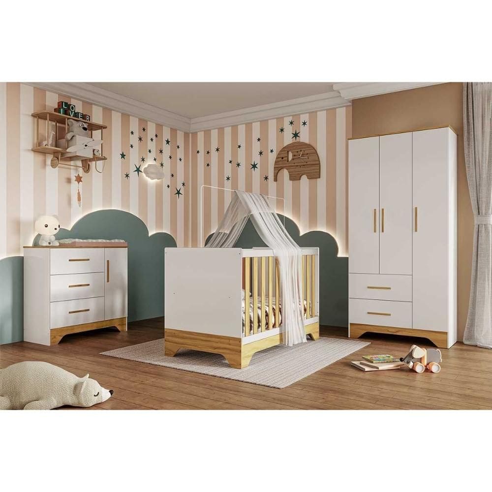 Quarto Infantil Completo Popy 3 Peças (1GuardaRoupa+1Berço+1Cômoda) QI109 Branco/Amendoa - Peroba