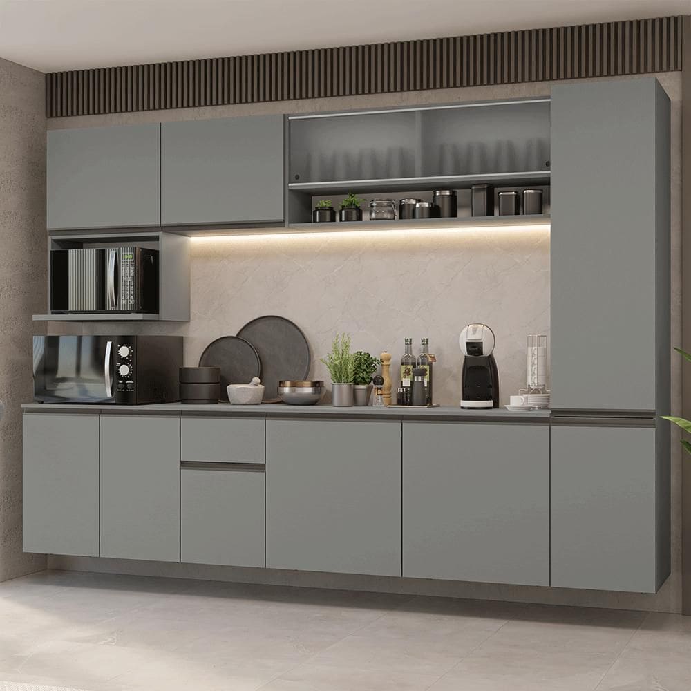 Armário de Cozinha Completa 280 cm Suspensa Cinza Nice Madesa 04