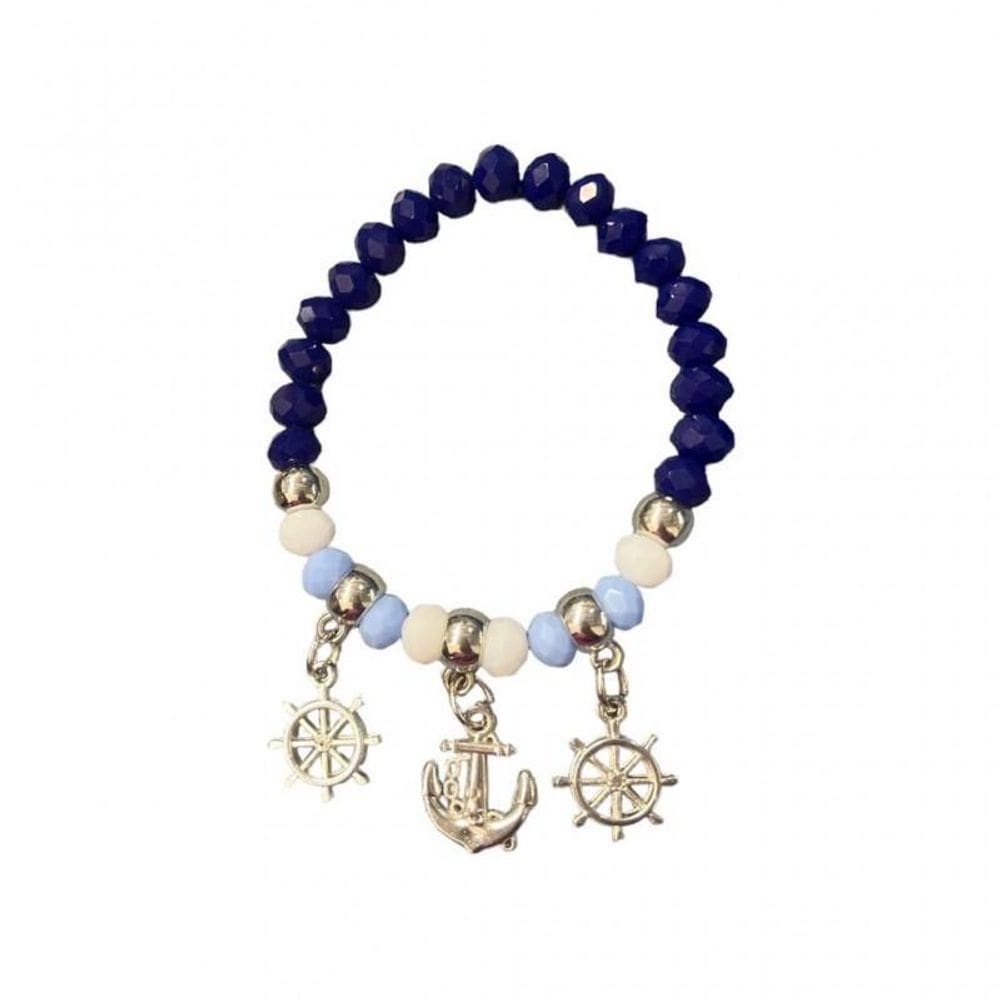 Pulseira Marinheiro Timão E Âncora Azul Cristal E Silicone