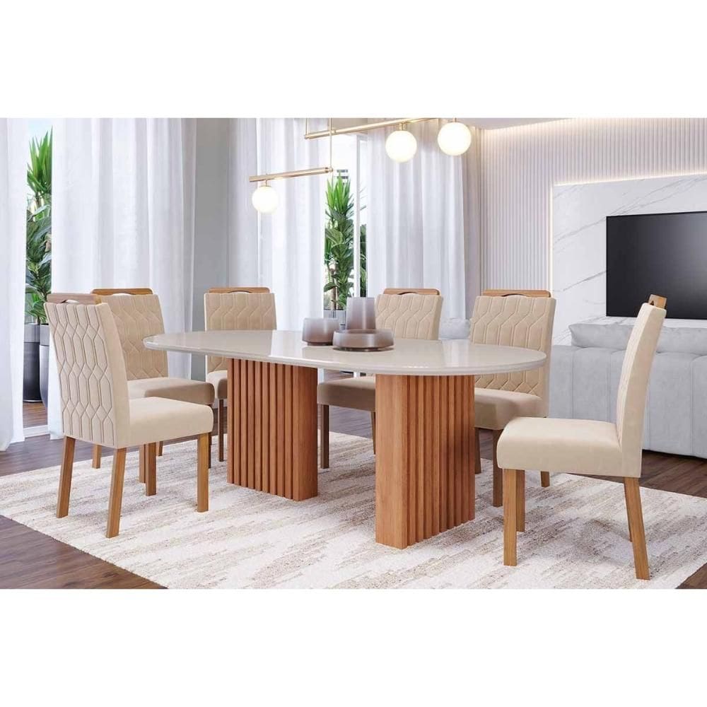 Sala de Jantar Completa Ester Tampo Madeirado Oval c/ Vidro 210x100cm e 6 Cadeiras Paola Cinamomo/Off White - Carvalho/Linho Bege - Cimol