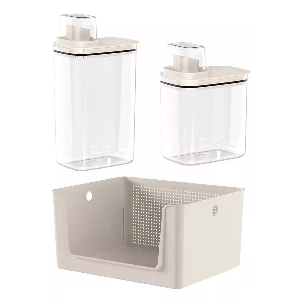 Kit Para Lavanderia Com Cesto E 2 Dispenser Ou - Bege - Liso