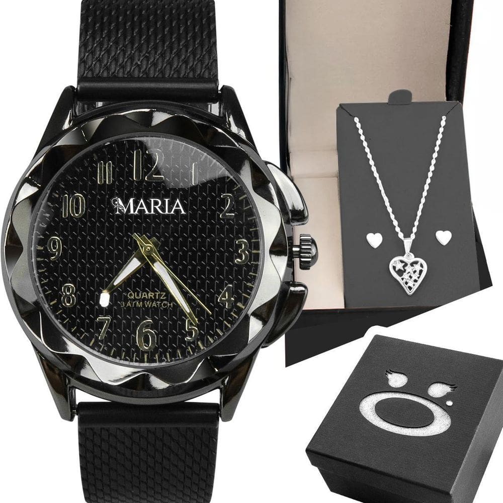 Relogio Feminino Preto Aço + Brinco Coração Colar + Caixa