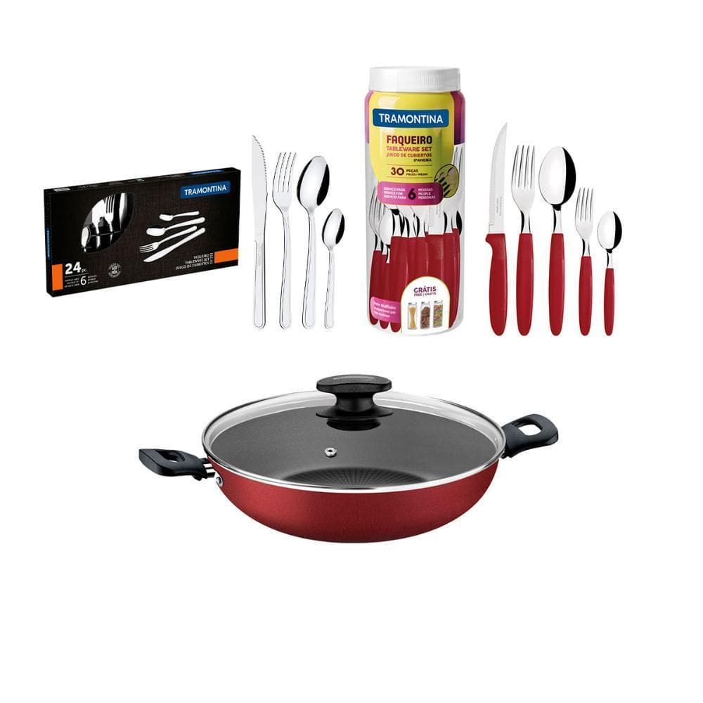 Panela Wok 28Cm + Faq Verm 30Pç + Faq Inox 24Pç Tramontina