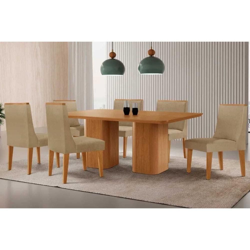 Sala de Jantar Completa Maldivas c/ Tampo Madeirado Canto Curvo 180x90cm e 6 Cadeiras Dakota Naturale - Linho Bege - Rufato
