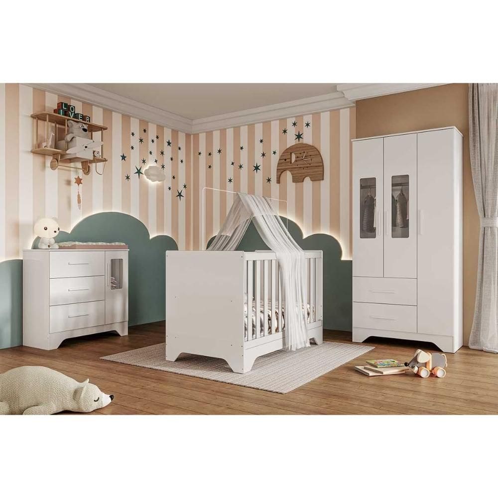 Quarto Infantil Completo Popy 3 Peças (1GuardaRoupa+1Berço+1Cômoda) QI111 Branco - Peroba