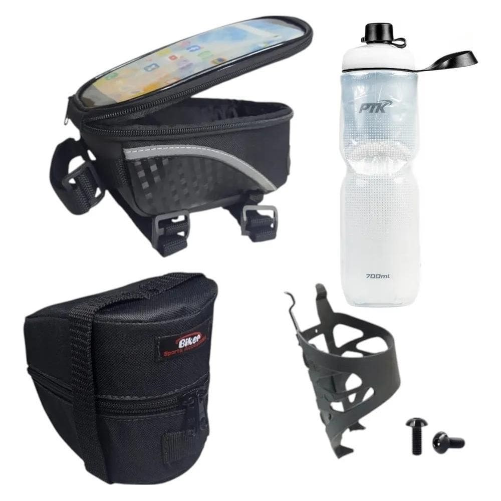 Garrafa Caramanhola +Suporte+Bolsa Selim+Porta Celular Bike