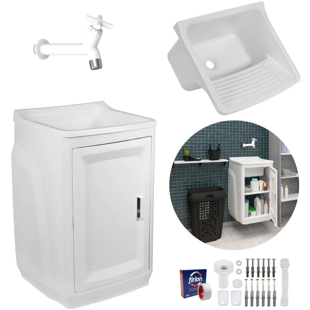 Gabinete Lavanderia C/ Tanque Branco + Torneira + Veda Rosca