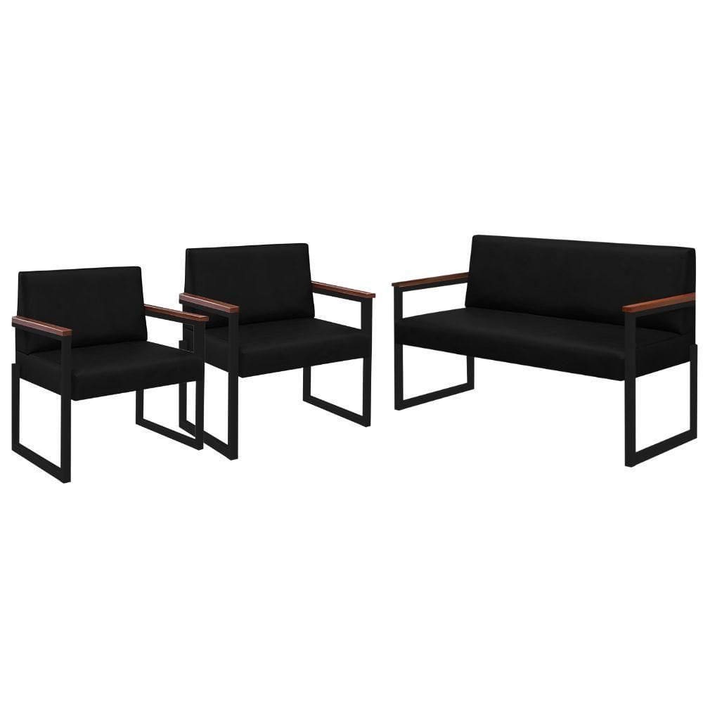 Conjunto Sofá 2 Lugares E 2 Poltronas Niterói Couro Preto Em Metal Preto